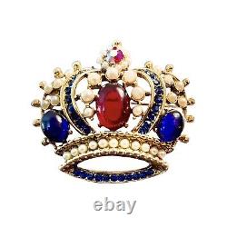 Vintage Weiss Crown Brooch With Faux Pearls Cabochons & Rhinestones 2 by 1-3/4