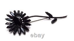 Vintage Weiss Jet Black Rhinestone Flower Brooch Pin Signed 4.25