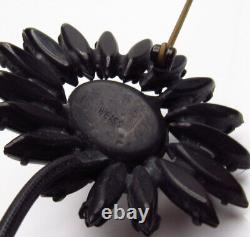 Vintage Weiss Jet Black Rhinestone Flower Brooch Pin Signed 4.25