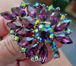 Vintage Weiss Leaf Brooch 50's Purple With Blue Aurora Borealis Rhinestone Large