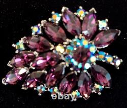 Vintage Weiss Leaf Brooch 50's Purple With Blue Aurora Borealis Rhinestone Large