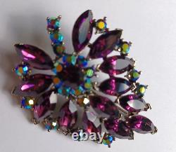 Vintage Weiss Leaf Brooch 50's Purple With Blue Aurora Borealis Rhinestone Large