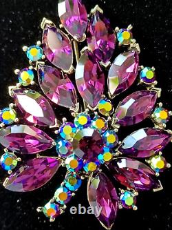 Vintage Weiss Leaf Brooch 50's Purple With Blue Aurora Borealis Rhinestone Large