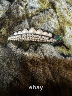 Vintage Weiss Pea Pod Brooch Rhinestones and Faux Pearls Signed