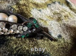 Vintage Weiss Pea Pod Brooch Rhinestones and Faux Pearls Signed