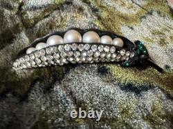 Vintage Weiss Pea Pod Brooch Rhinestones and Faux Pearls Signed