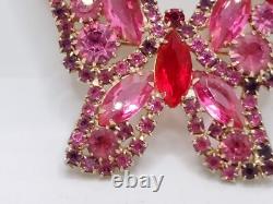 Vintage Weiss Pink Purple Red Rhinestone Butterfly Brooch Signed Weiss 2×2.25