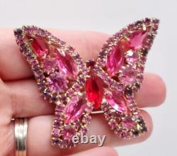 Vintage Weiss Pink Purple Red Rhinestone Butterfly Brooch Signed Weiss 2×2.25