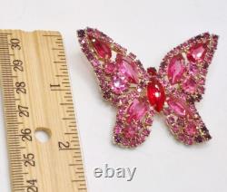 Vintage Weiss Pink Purple Red Rhinestone Butterfly Brooch Signed Weiss 2×2.25