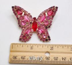 Vintage Weiss Pink Purple Red Rhinestone Butterfly Brooch Signed Weiss 2×2.25