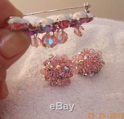 Vintage Weiss Pink With Dangle Crystals Lg Pin/brooch Rhineston & Clip Earrings
