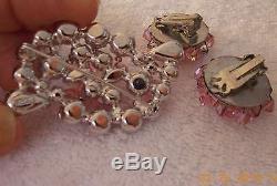Vintage Weiss Pink With Dangle Crystals Lg Pin/brooch Rhineston & Clip Earrings