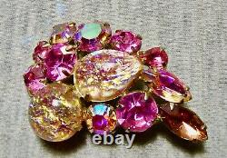 Vintage Weiss Rhinestone Brooch Pink & Iridescent Gold Excellent Condition