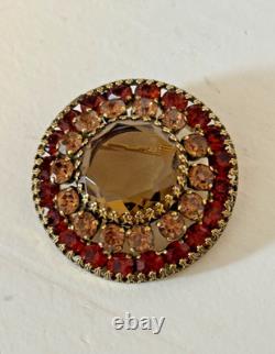 Vintage Weiss Round Rhinestone Brooch Smoky Glass Red Signed Pin