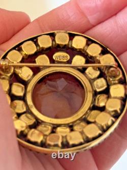 Vintage Weiss Round Rhinestone Brooch Smoky Glass Red Signed Pin
