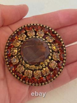Vintage Weiss Round Rhinestone Brooch Smoky Glass Red Signed Pin