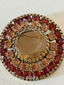 Vintage Weiss Round Rhinestone Brooch Smoky Glass Red Signed Pin