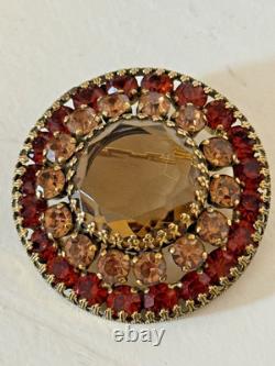 Vintage Weiss Round Rhinestone Brooch Smoky Glass Red Signed Pin
