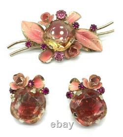 Vintage Weiss Set Brooch Earrings Rhinestone Enamel Floral Pink Tourmaline Gold
