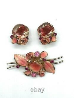 Vintage Weiss Set Brooch Earrings Rhinestone Enamel Floral Pink Tourmaline Gold