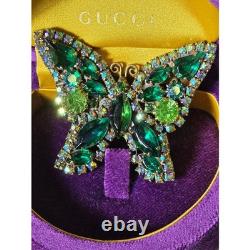 Vintage Weiss UV Green Butterfly Brooch Uranium Glass Rhinestone Signed Pin