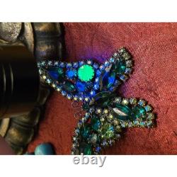 Vintage Weiss UV Green Butterfly Brooch Uranium Glass Rhinestone Signed Pin