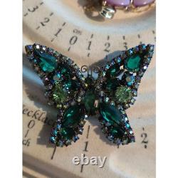Vintage Weiss UV Green Butterfly Brooch Uranium Glass Rhinestone Signed Pin