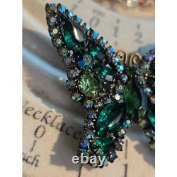 Vintage Weiss UV Green Butterfly Brooch Uranium Glass Rhinestone Signed Pin
