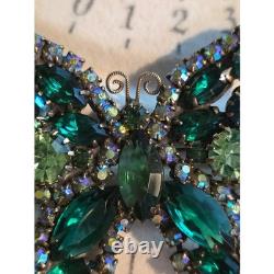 Vintage Weiss UV Green Butterfly Brooch Uranium Glass Rhinestone Signed Pin