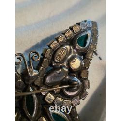 Vintage Weiss UV Green Butterfly Brooch Uranium Glass Rhinestone Signed Pin