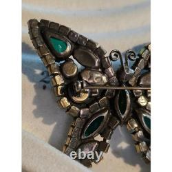 Vintage Weiss UV Green Butterfly Brooch Uranium Glass Rhinestone Signed Pin