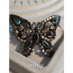 Vintage Weiss UV Green Butterfly Brooch Uranium Glass Rhinestone Signed Pin