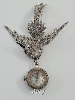 Vintage Welsbro 17j Mechanical Watch Bird Brooch Pin Rhinestone Works Rare