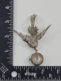 Vintage Welsbro 17j Mechanical Watch Bird Brooch Pin Rhinestone Works Rare