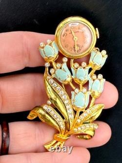 Vintage Welsbro Watch Brooch Tulips Pot Metal Rhinestone NICE Untested