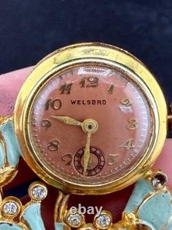 Vintage Welsbro Watch Brooch Tulips Pot Metal Rhinestone NICE Untested