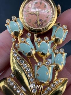 Vintage Welsbro Watch Brooch Tulips Pot Metal Rhinestone NICE Untested