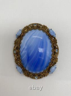 Vintage West Germany Brass Tone Blue Swirl Glass Cabochon Rhinestone Brooch Pin