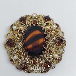 Vintage West Germany Brooch Root Beer Rhinestones, Pearl & Striped Center Stone