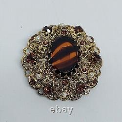 Vintage West Germany Brooch Root Beer Rhinestones, Pearl & Striped Center Stone