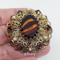 Vintage West Germany Brooch Root Beer Rhinestones, Pearl & Striped Center Stone