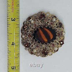 Vintage West Germany Brooch Root Beer Rhinestones, Pearl & Striped Center Stone