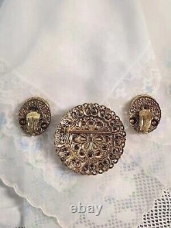 Vintage West Germany Multicolor Rhinestone Floral Glass Brooch Pin & Earrings