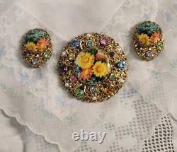 Vintage West Germany Multicolor Rhinestone Floral Glass Brooch Pin & Earrings