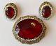 Vintage West Germany Red Rhinestone And Faux Pearl Brooch & Earrings