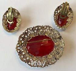 Vintage West Germany Red Rhinestone And Faux Pearl Brooch & Earrings