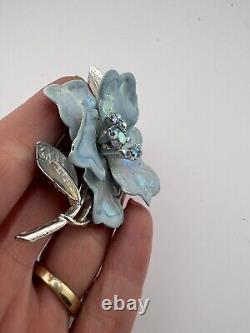 Vintage Women's Jewelry Rhinestone Blue Coro Enamel Iridescent Flower Brooch Pin