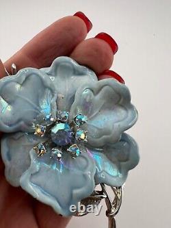 Vintage Women's Jewelry Rhinestone Blue Coro Enamel Iridescent Flower Brooch Pin