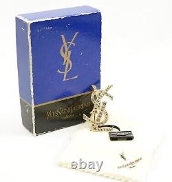 Vintage Yves Saint Laurent Gold Tone Rhinestone YSL Logo Brooch Pin NWT & Box