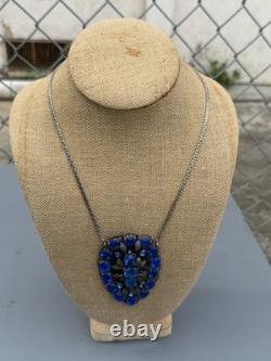Vintage brilliant blue rhinestone pin brooch necklace amazing 19 x4